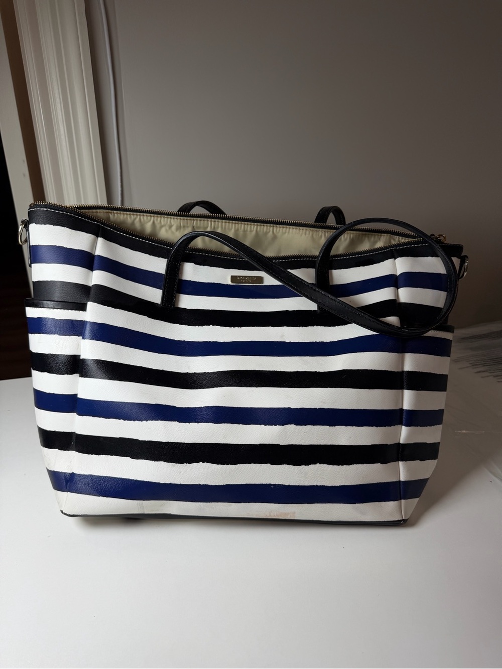 Kate Spade Laurel Way Stripe Kaylie Baby Bag Tote with Black and Blue Stripes